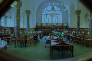 University or college library desks and chairs.
