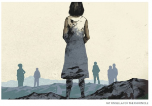 Image of a woman looking into a desolate landscape with the silhouette of other people looking the same direction. Credit: Pat Kinsella for The Chronicle of Higher Education.