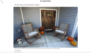 LA Times article by SideHusl with a welcoming image of porch with two rocking chairs and pumpkins.