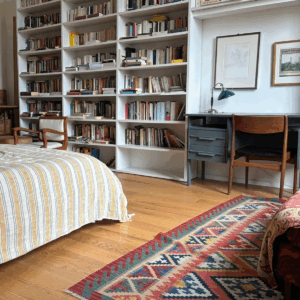 Apartment with bookshelves and desk in the bedroom.