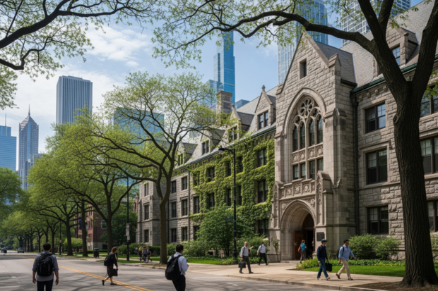 classic greystone building on a tree-lined street in Chicago's Hyde Park neighborhood; Chicago skyline; University of Chicago campus; Academic life; Research hub - Chicago university housing