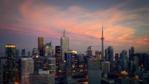 Toronto skyline at sunset; Photo credit: Photo by Zhenming Wang